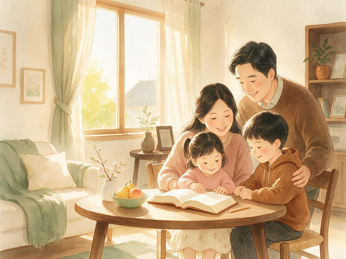 엄마 아빠와 두 아이가 따뜻한 햇살 아래 식탁에서 성경을 함께 읽는 수채화 그림