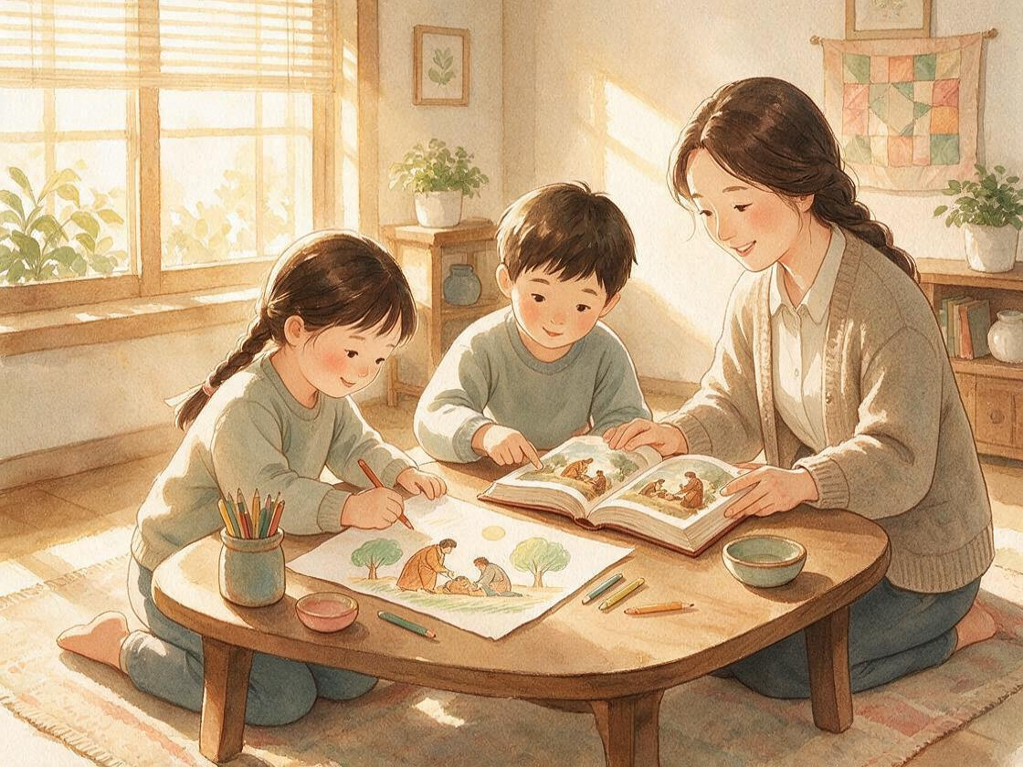 아이가 성경 이야기 장면을 그리며 부모와 함께 나누는 따뜻한 수채화